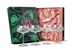 vintage flamingo belle coupe glasses for cocktails and champagne | tropical chic glassware collection | set of 4 | 12 oz crystal retro style stemmed saucers for elegant bar drinks