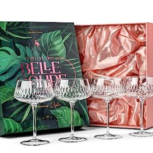 Vintage Flamingo Belle Coupe Glasses for Cocktails and Champagne | Tropical Chic Glassware Collection | Set of 4 | 12 oz Crystal Retro Style Stemmed Saucers for Elegant Bar Drinks