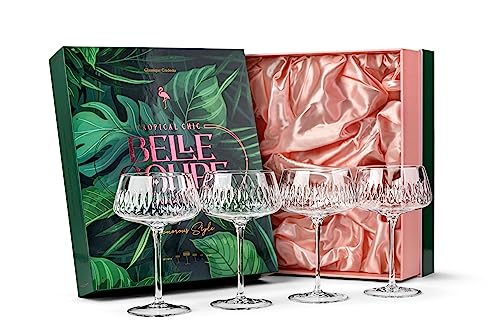 Vintage Flamingo Belle Coupe Glasses for Cocktails and Champagne | Tropical Chic Glassware Collection | Set of 4 | 12 oz Crystal Retro Style Stemmed Saucers for Elegant Bar Drinks