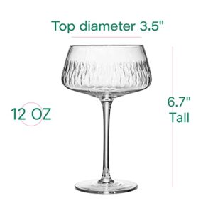 Vintage Flamingo Belle Coupe Glasses for Cocktails and Champagne | Tropical Chic Glassware Collection | Set of 4 | 12 oz Crystal Retro Style Stemmed Saucers for Elegant Bar Drinks