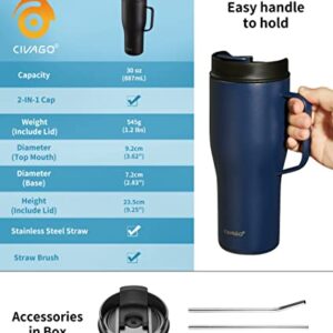 CIVAGO 30 oz Insulated Tumbler with Handle, Stainless Steel Travel Coffee Mug with Lid and Straw, Double Wall Vacuum Water Bottle Cup, Leakproof, Black