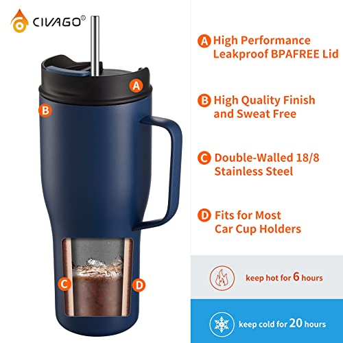 CIVAGO 30 oz Insulated Tumbler with Handle, Stainless Steel Travel Coffee Mug with Lid and Straw, Double Wall Vacuum Water Bottle Cup, Leakproof, Black