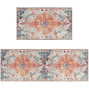 Boho Style Kitchen Rugs and mats Set of 2,Farmhouse Kitchen Mat for Sink,Non Slip Absorbent Stain Resistant Floor Mat for Kitchen Laundry Room Rug Area Runner Rug Orange