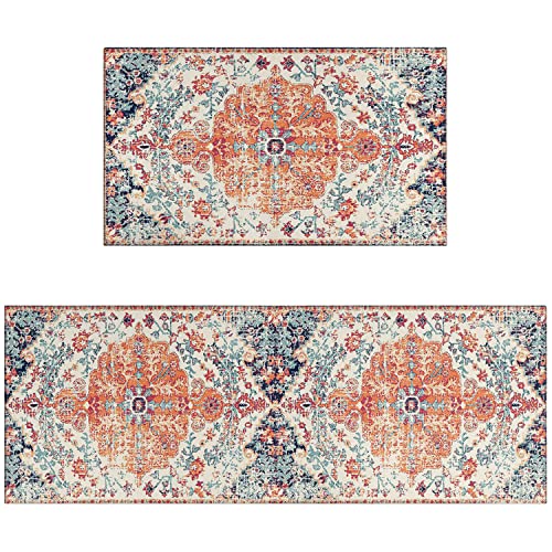 Boho Style Kitchen Rugs and mats Set of 2,Farmhouse Kitchen Mat for Sink,Non Slip Absorbent Stain Resistant Floor Mat for Kitchen Laundry Room Rug Area Runner Rug Orange