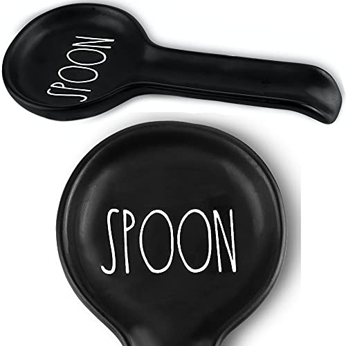 Ceramic Spoon Holder for Kitchen Counter by Brighter Barns - Black Kitchen Spoon Rest for Stove Top - Farmhouse Spoon Rest - Ceramic Ladle Spatula Holder for Countertop - Farmhouse Kitchen Decor