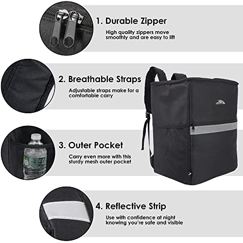 Trail maker Insulated Food Delivery Backpack with Drink Cup Holders, Pocket, Reflectors for Groceries, DoorDash, Uber Eats, GrubHub (Black)