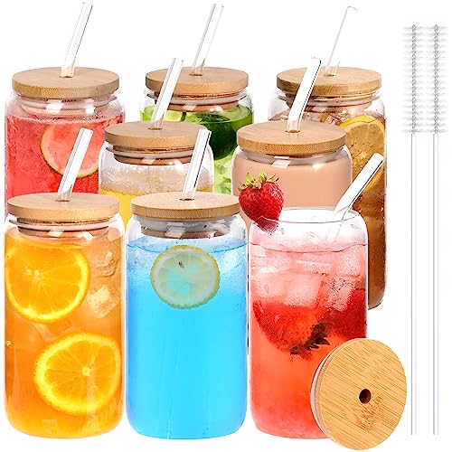 Finew 8PCS Drinking Glasses with Bamboo Lids and Straws, Glass Cups Set, 16oz Beer Can Shaped Glasses, Iced Coffee Cups, Cute Tumbler Cup, for Whiskey, Wine Cocktail Boba Tea Gift