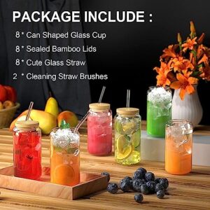 Finew 8PCS Drinking Glasses with Bamboo Lids and Straws, Glass Cups Set, 16oz Beer Can Shaped Glasses, Iced Coffee Cups, Cute Tumbler Cup, for Whiskey, Wine Cocktail Boba Tea Gift