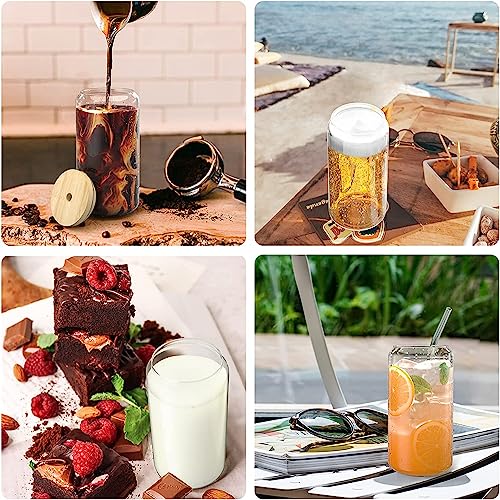 Finew 8PCS Drinking Glasses with Bamboo Lids and Straws, Glass Cups Set, 16oz Beer Can Shaped Glasses, Iced Coffee Cups, Cute Tumbler Cup, for Whiskey, Wine Cocktail Boba Tea Gift