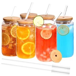 finew 6pcs glass cups with bamboo lids and glass straws, 16oz beer glasses can shaped glass cups, clear glass cups, cute tumbler cup, ideal for whiskey, cocktail, iced coffee gift- 2 cleaning brushes