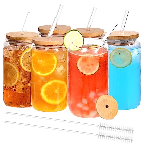 Finew 6pcs Glass Cups with Bamboo Lids and Glass Straws, 16oz Beer Glasses Can Shaped Glass Cups, Clear Glass Cups, Cute Tumbler Cup, Ideal for Whiskey, Cocktail, Iced Coffee Gift- 2 Cleaning Brushes