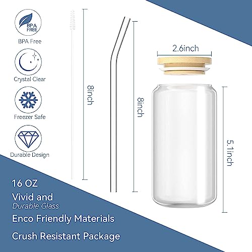 Finew 6pcs Glass Cups with Bamboo Lids and Glass Straws, 16oz Beer Glasses Can Shaped Glass Cups, Clear Glass Cups, Cute Tumbler Cup, Ideal for Whiskey, Cocktail, Iced Coffee Gift- 2 Cleaning Brushes