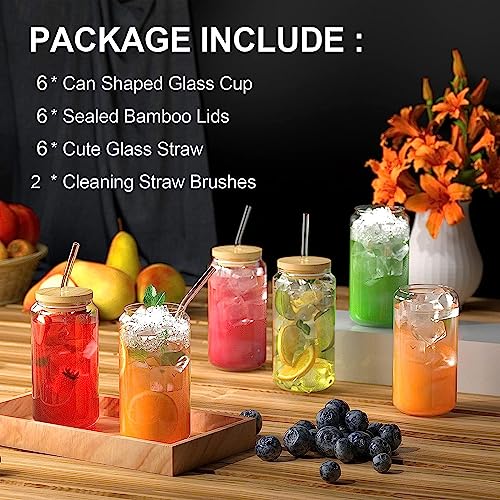 Finew 6pcs Glass Cups with Bamboo Lids and Glass Straws, 16oz Beer Glasses Can Shaped Glass Cups, Clear Glass Cups, Cute Tumbler Cup, Ideal for Whiskey, Cocktail, Iced Coffee Gift- 2 Cleaning Brushes