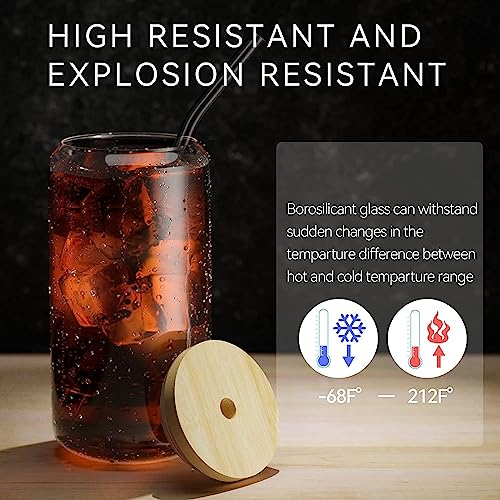 Finew 6pcs Glass Cups with Bamboo Lids and Glass Straws, 16oz Beer Glasses Can Shaped Glass Cups, Clear Glass Cups, Cute Tumbler Cup, Ideal for Whiskey, Cocktail, Iced Coffee Gift- 2 Cleaning Brushes