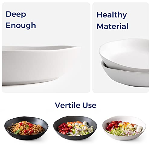 AmorArc 9.75 inch Stoneware Flat Pasta Bowls, 38oz Large Wide Bowls Set of 4 for Kitchen, Microwave Safe Bowls with Wavy Rim for Pasta Salad, Matte White