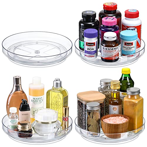 Set of 4, 9 Inch Clear Non-Skid Lazy Susan Organizers - Turntable Rack for Kitchen Cabinet, Pantry Organization and Storage, Fridge, Bathroom Closet, Vanity Countertop Makeup Organizing, Spice Rack