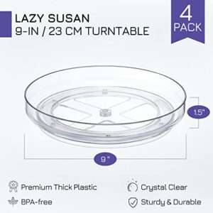 Set of 4, 9 Inch Clear Non-Skid Lazy Susan Organizers - Turntable Rack for Kitchen Cabinet, Pantry Organization and Storage, Fridge, Bathroom Closet, Vanity Countertop Makeup Organizing, Spice Rack