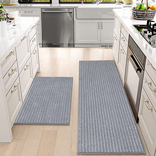 BEQHAUSE Kitchen Rugs and Mats Non Skid Washable Kitchen Floor Mat with TPR Backing 100% Polyester Grey Kitchen Mat Set of 2 Absorbent Runner Rugs for Kitchen 20x30inch/20x48inch