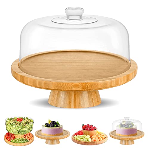 Bamboo Cake Stand with Dome Multi Function 6 in 1 Cake Holder Serving Platter, (12") Round Veggie Stand and Salad Bowl, Decorative Display Cake Stand with lid