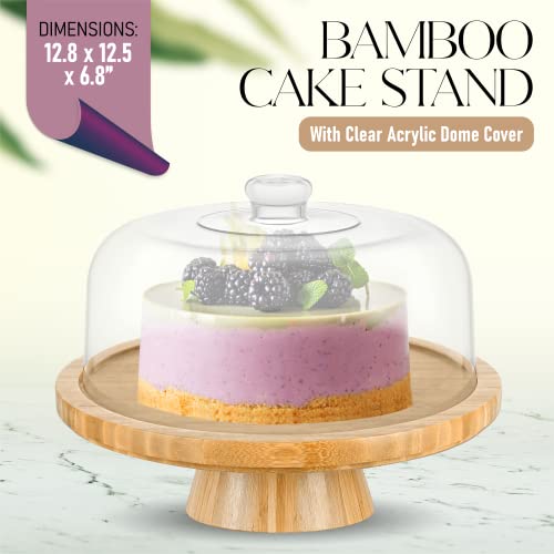 Bamboo Cake Stand with Dome Multi Function 6 in 1 Cake Holder Serving Platter, (12") Round Veggie Stand and Salad Bowl, Decorative Display Cake Stand with lid