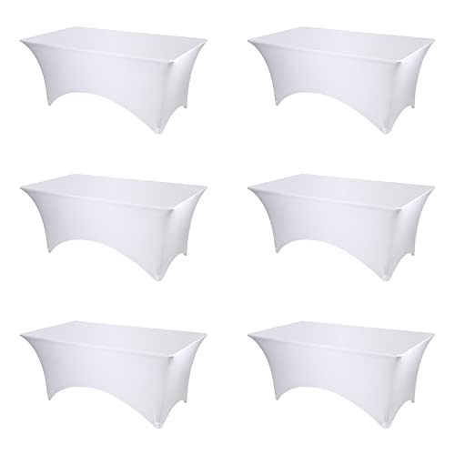 6 Pack White Fitted Spandex Table Covers - 6Ft Stretch Tablecloths for 6 Foot Rectangle Folding Tables Rectangular Bulk Linen Fabric Elastic Table Clothes for Wedding Banquet Party Buffet Display