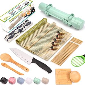 sushi making kit, 22 in 1 sushi roller set, sushi maker bazooker kit with bamboo mats, chef's knife, chopsticks, sauce dishes, rice spreader, avocado slicer for beginners, kids, family, friends, home