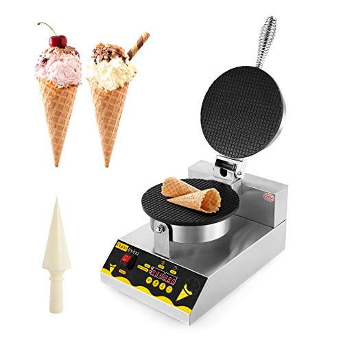 Dyna-Living Waffle Cone Maker Ice Cream Waffle Cone Machine with LED Digital Display Commercial Waffle Maker Stainless Steel Ice Cream Cone Maker Non-stick Egg Roll Mold for Restaurant (110V 1200W)