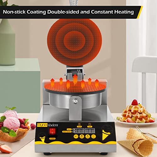 Dyna-Living Waffle Cone Maker Ice Cream Waffle Cone Machine with LED Digital Display Commercial Waffle Maker Stainless Steel Ice Cream Cone Maker Non-stick Egg Roll Mold for Restaurant (110V 1200W)