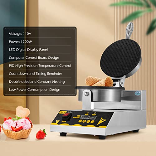 Dyna-Living Waffle Cone Maker Ice Cream Waffle Cone Machine with LED Digital Display Commercial Waffle Maker Stainless Steel Ice Cream Cone Maker Non-stick Egg Roll Mold for Restaurant (110V 1200W)