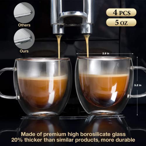 Mfacoy Double Wall Insulated Glasses Espresso Cups Set of 4, 5 oz Clear Coffee Cups with Handle, Espresso Shot Glasses, Suit for Espresso Machine, Latte, Cappuccino, Glass Coffee Mugs
