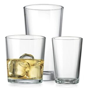 glaver's drinking glasses, 12 pc. glass cups, includes 4 highball glasses 17 oz., 4 rocks glasses, 13 oz., 4 juice glasses, 4.5 oz., whisky, juice, water, beer, cocktails, dishwasher safe.