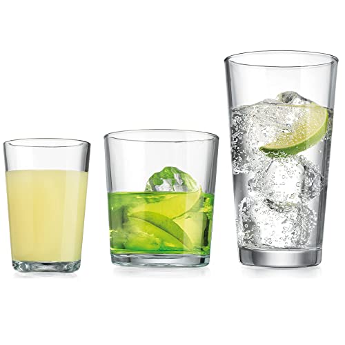 Glaver's Drinking Glasses, 12 Pc. Glass Cups, Includes 4 Highball Glasses 17 oz., 4 Rocks Glasses, 13 oz., 4 Juice Glasses, 4.5 oz., Whisky, Juice, Water, Beer, Cocktails, Dishwasher Safe.