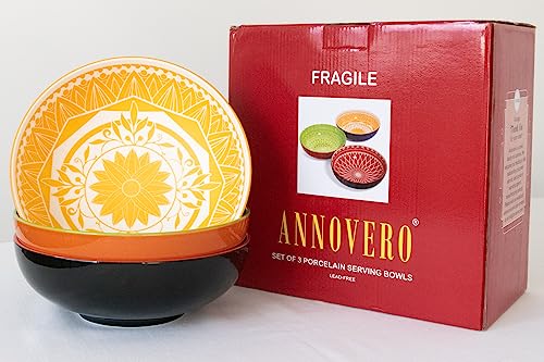 Annovero Serving Bowls, Set of 3 Large Porcelain Dishes for Entertaining, Big Bowl, Large Bowls for Eating, for Soup, Salad, Pasta, Parties, Fruit, Chips, 9.5 Inch Diameter, 72 Fluid Ounce Capacity