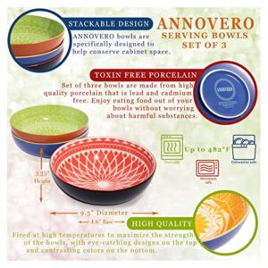 Annovero Serving Bowls, Set of 3 Large Porcelain Dishes for Entertaining, Big Bowl, Large Bowls for Eating, for Soup, Salad, Pasta, Parties, Fruit, Chips, 9.5 Inch Diameter, 72 Fluid Ounce Capacity