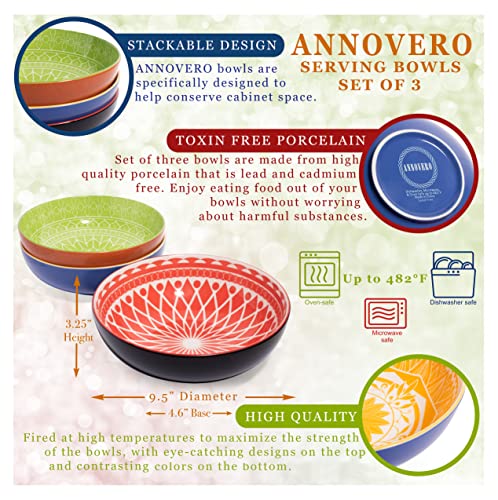 Annovero Serving Bowls, Set of 3 Large Porcelain Dishes for Entertaining, Big Bowl, Large Bowls for Eating, for Soup, Salad, Pasta, Parties, Fruit, Chips, 9.5 Inch Diameter, 72 Fluid Ounce Capacity