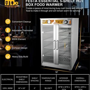 Festa Essential 5-Shelf Electric Commercial Hot Box Food Warmer for Pizza/Pretzel, Countertop Heated Holding Cabinet, Warming Oven for Catering, w/Thermometer and Adjustable Thermostat - 120V, 600W