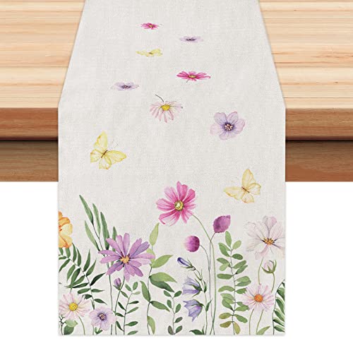 ARKENY Spring Summer Flower Butterfly Table Runner 13x72 Inches,Seasonal Burlap Farmhouse Indoor Kitchen Dining Table Decoration for Home Party