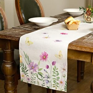 ARKENY Spring Summer Flower Butterfly Table Runner 13x72 Inches,Seasonal Burlap Farmhouse Indoor Kitchen Dining Table Decoration for Home Party