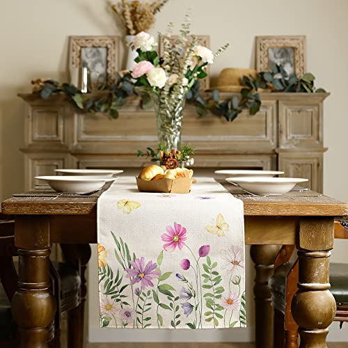 ARKENY Spring Summer Flower Butterfly Table Runner 13x72 Inches,Seasonal Burlap Farmhouse Indoor Kitchen Dining Table Decoration for Home Party