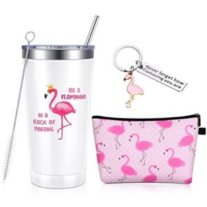 3 pcs flamingo gifts for women including cute flamingo stainless steel wine tumbler with straw and brush motivational flamingo keychain and cosmetic bag (flamingo, 20 oz)