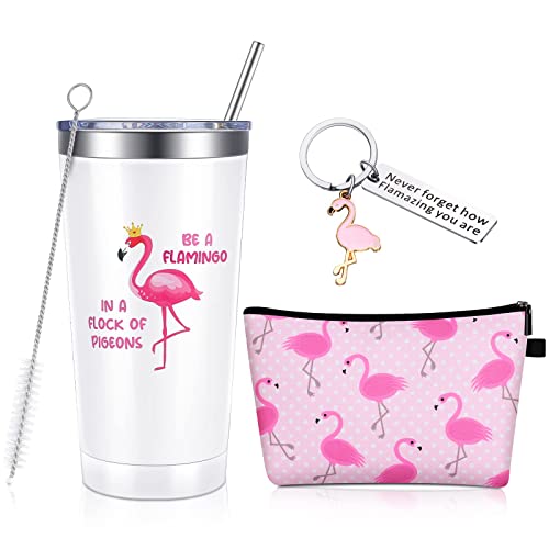 3 Pcs Flamingo Gifts for Women Including Cute Flamingo Stainless Steel Wine Tumbler with Straw and Brush Motivational Flamingo Keychain and Cosmetic Bag (Flamingo, 20 oz)