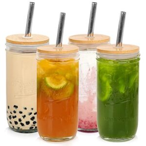 mason jar with lid and straw, anotion 24oz wide mouth boba cup reusable drinking glasses tumbler smoothie water bottles for iced coffee margaritas ice cream juice cocktail travel office home, 4 packs