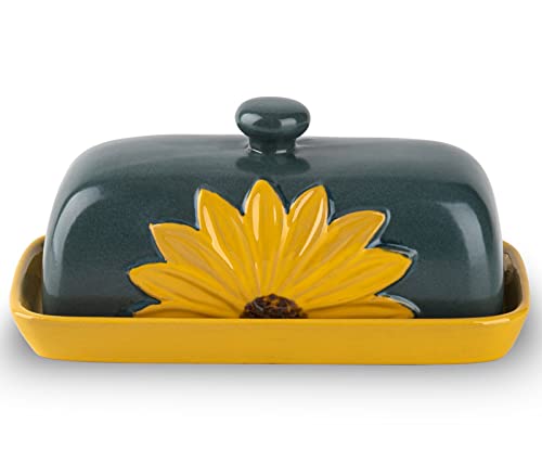 Butter Dish With Lid For Countertop Ceramic Butter Keeper Sunflower Butter Container Butter Holder Butter Tray Large Butter Dish Covered Butter Dish Farmhouse Butter Dish