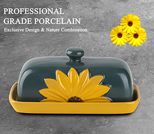 Butter Dish With Lid For Countertop Ceramic Butter Keeper Sunflower Butter Container Butter Holder Butter Tray Large Butter Dish Covered Butter Dish Farmhouse Butter Dish