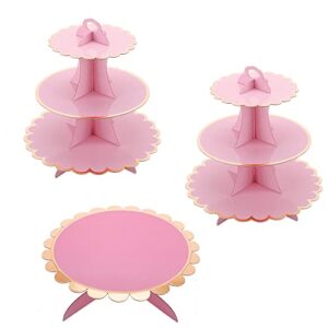 set of 3 party cake and cupcake stand tray, 3-tiered cardboard pink cupcake stand,disposable cupcake stands easy assemble dessert holder fit for party, wedding, afternoon tea, birthday