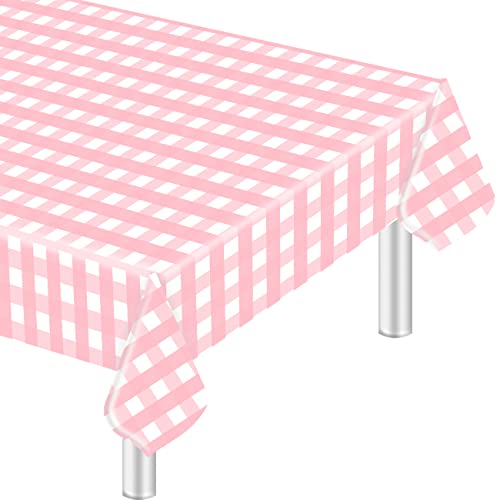 HEIPINIUYE 3 Pack White and Pink Checkered Tablecloth 54 x 108 Plastic Table Cover 8 ft Rectangle Disposable Gingham Table Cloths for Indoor Outdoor Party Birthday Camping Picnic Baby Shower