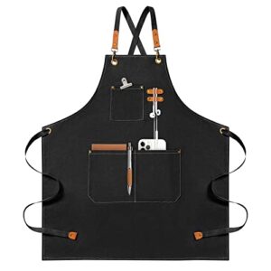 nlus chef apron, canvas cross back apron for women men, waterdrop resistant apron with adjustable strap and large pockets (black)
