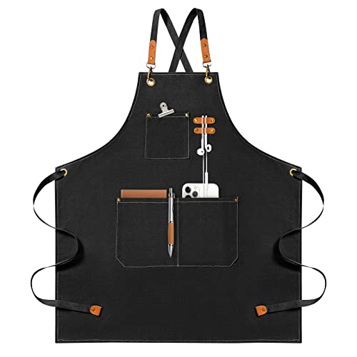 NLUS Chef Apron, Canvas Cross Back Apron for Women Men, Waterdrop Resistant Apron with Adjustable Strap and Large Pockets (black)