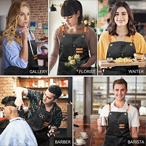 NLUS Chef Apron, Canvas Cross Back Apron for Women Men, Waterdrop Resistant Apron with Adjustable Strap and Large Pockets (black)