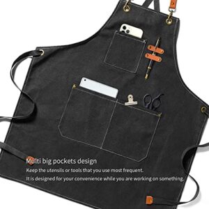 NLUS Chef Apron, Canvas Cross Back Apron for Women Men, Waterdrop Resistant Apron with Adjustable Strap and Large Pockets (black)